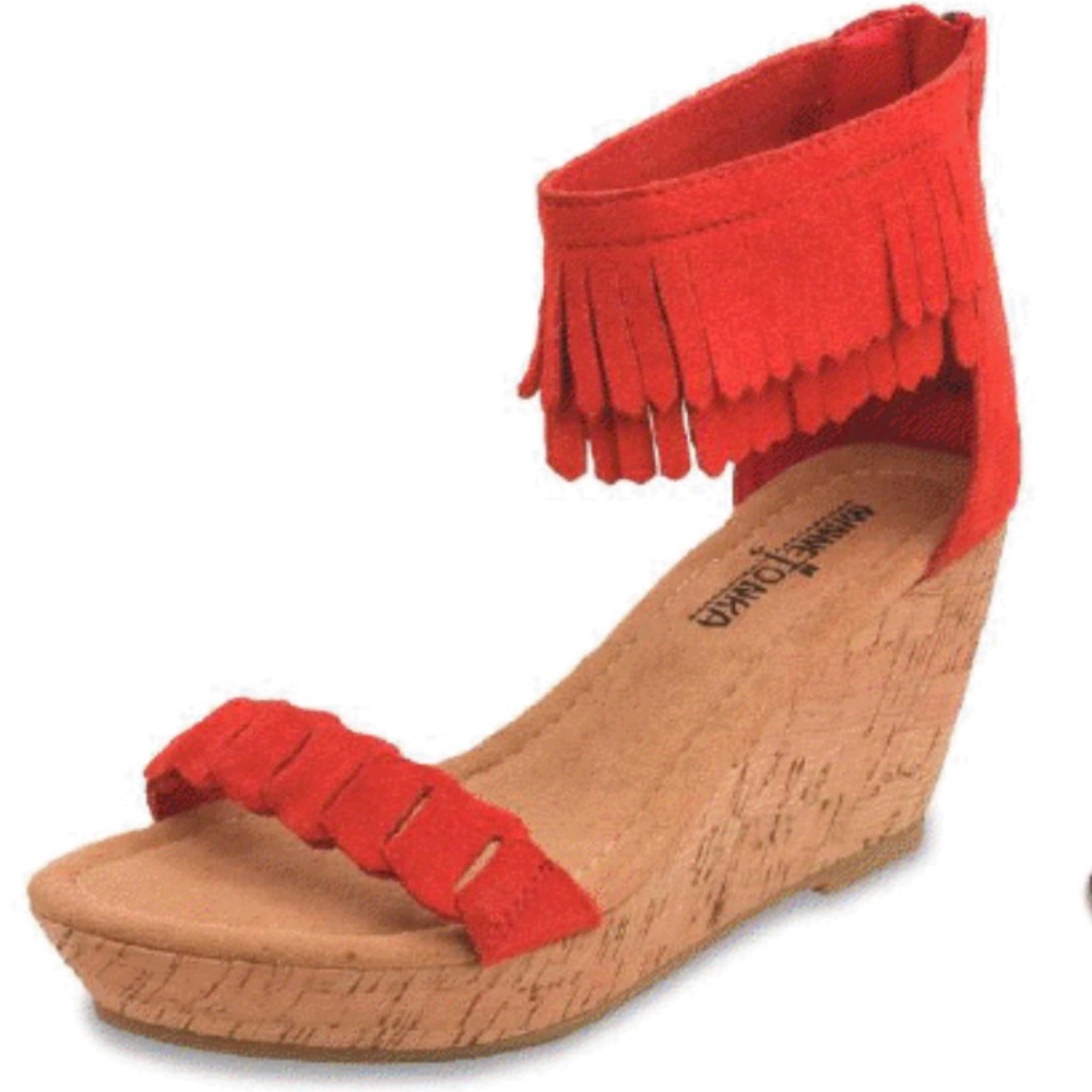 NWOT Minnetonka Red Fringe Ankle-Strap Cork Wedge Sandals (Suede Leather)